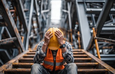 Despondent construction worker sits on rusty stairs, head in hands, feeling overwhelmed by work stress.
