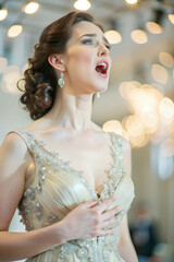 A close-up portrait of an opera singer in an elegant gown, passionately singing on stage