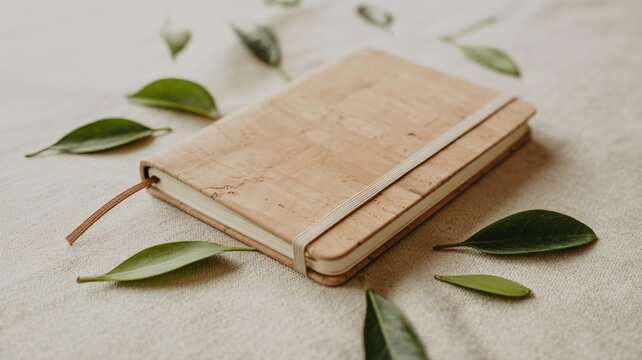 Natural Cork Journal with Elastic Band and Ribbon Bookmark Surrounded by Green Leaves - Powered by Adobe