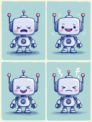 A fun vector icon set features cartoon robots and androids on computers, monitors, laptops, and mobile screens, perfect for tech, web, and business design