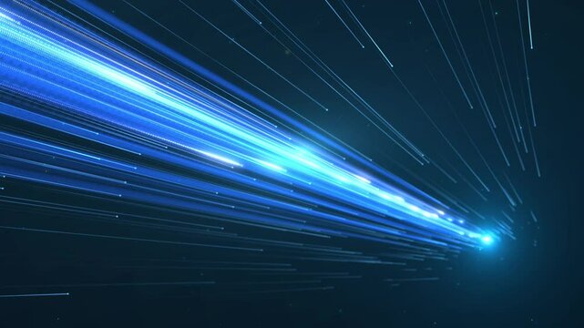 4K blue technology particle light converges, energy particle lines, high-tech data transmission, particle stripes flow from near to far like a meteor shower. 4k background. - Powered by Adobe