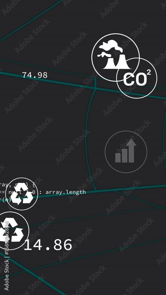 Aufkleber animation of eco icons and data processing over black background
