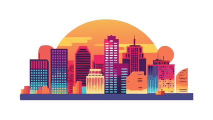 Cityscape skyline vector illustration with buildings skyscrapers and sunset background for urban design 100