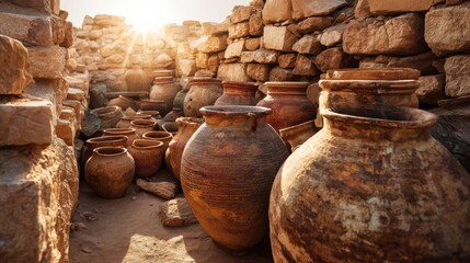 Ancient Clay Pots in Desert Ruins at Sunset
