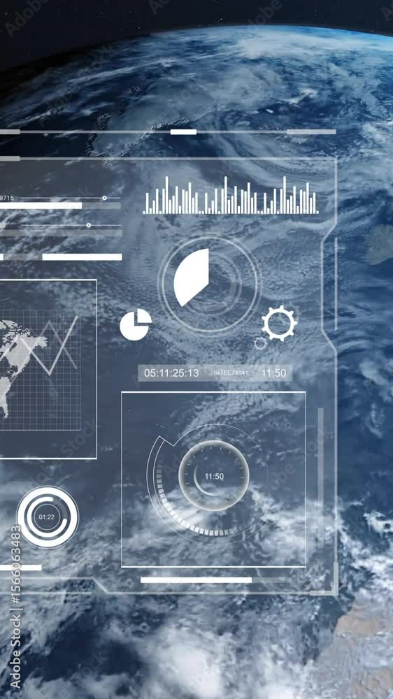 Poster animation of digital data processing over globe on dark background