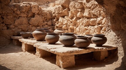 Ancient Clay Pottery Vessels on Stone Shelf in Desert Ruins