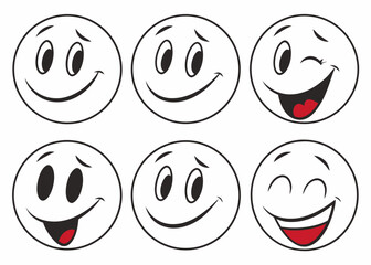 Six Cartoon Smiley Faces with Different Expressions Including Happy Winking and Slightly Sad in Black and White