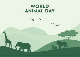 Green World Animal Day Illustration Featuring Silhouettes of African Wildlife in a Mountainous Landscape green toned