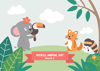 Naklejka premium World Animal Day Illustration with Cute Animals Koala Toucan Fox and Raccoon on March 3rd cartoon