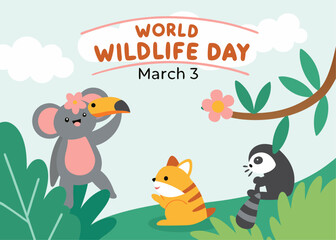 Cute Cartoon Animals Celebrating World Wildlife Day on March 3rd with Koala Fox and Raccoon colorful
