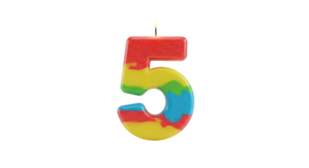 Colorful number 5 birthday candle isolated on white background