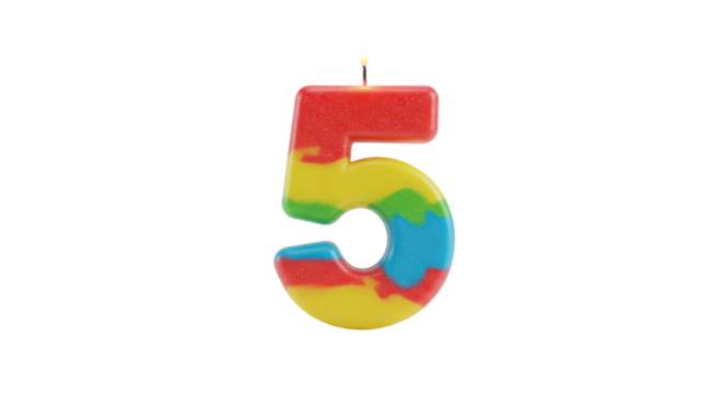 Lit Colorful Number Five Birthday Candle for Milestone Celebration isolated on Transparent Background