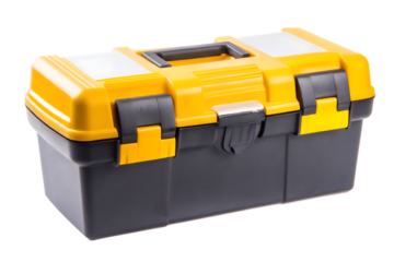 Yellow and plastic toolbox with handle isolated on a transparent background container