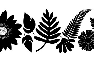 Fototapeta premium Stylized Black and White Floral and Fern Border Design Featuring Geometric Flower Petals and Leafy Fronds Offering a Whimsical Botanical Arrangement for Decorative Applications