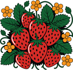 Juicy Strawberries with Blossoms Fresh Summer Fruit Illustration