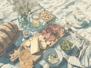 Outdoor Picnic Illustration Charcuterie Board Slow Living Dining
