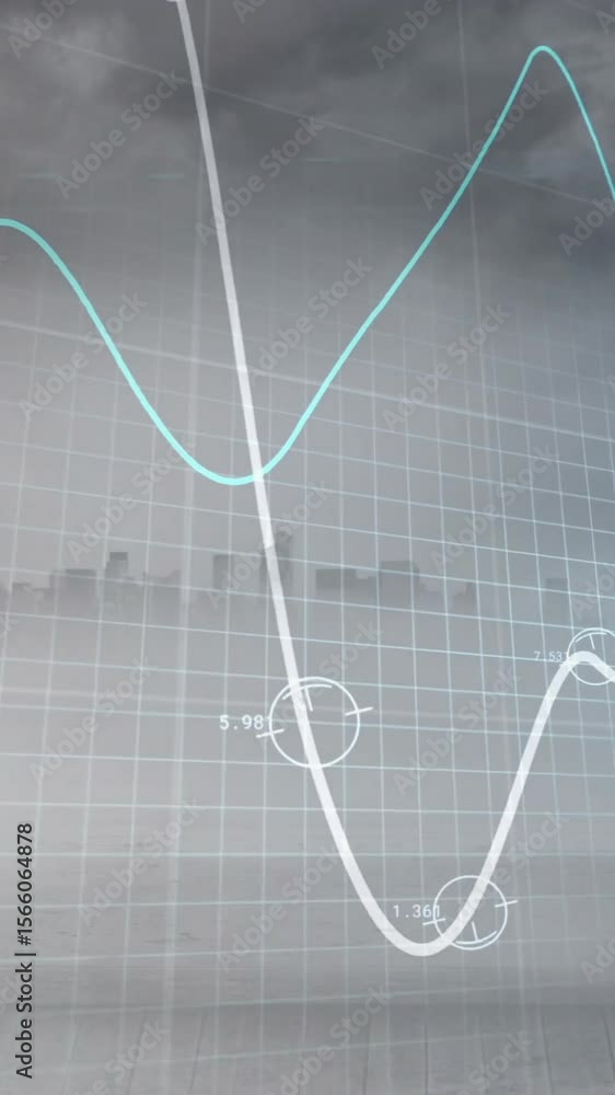 Poster animation of glowing graph processing data over cityscape and cloudy grey sky