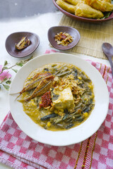 bubur manado or Tinutuan Porridge is tradisional porridge. Manadonese rice porridge, mixed with pumpkin, corn, vegetables. Served with tofu salted fish and chili sauce or sambal