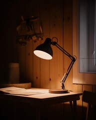 Desk Lamp Illuminating Cozy Wooden Workspace