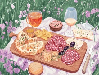 Outdoor Picnic Illustration Charcuterie Board Slow Living Dining
