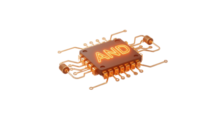 Futuristic 3D Render of a Copper Microchip with Glowing Neon "AND" Logic Gate Text isolated on Transparent Background