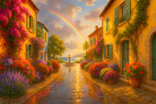 Fototapeta Rainbow appearing over idyllic Italian village at sunset