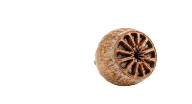 Dried brown poppy seed capsule head close-up shot isolated on Transparent Background