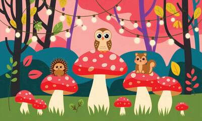 Whimsical Forest Wallpaper with Cute Creatures on Mushrooms Under Fairy Lights at Dusk