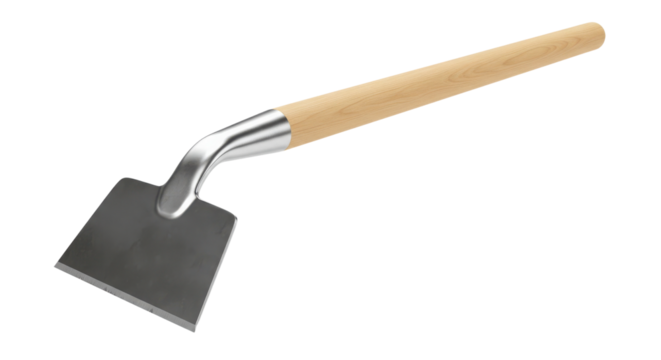 Minimalist Product Shot of a Square Blade Hand Hoe Gardening Tool isolated on Transparent Background