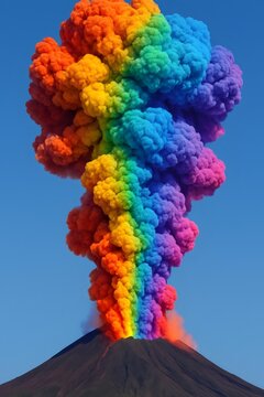 Volcano erupting with rainbow smoke plume in the blue sky