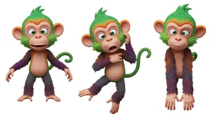 Three cartoon monkeys in different poses