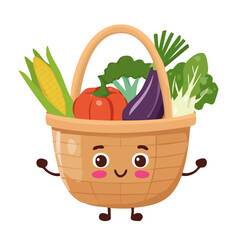 キュートな野菜とカゴのキャラクターイラスト