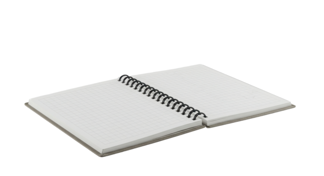 Blank Open Spiral Bound Notebook Mockup with Black Wire Binding isolated on Transparent Background