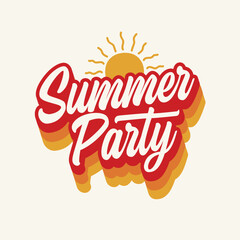 Summer party typography logo with a sun vector illustration. Summer holiday celebration poster, banner, template. Summer festival Editable text, sticker, label, tag, t shirt design