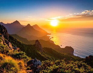 Scenic Sunrise Over Dramatic Mountains and Serene Ocean Viewpoint
