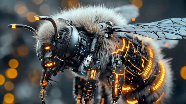 A detailed robotic bee with glowing circuits and metallic components.