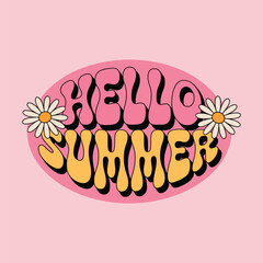Retro "hello summer" text graphic with daisy flowers on pink background for summer fun