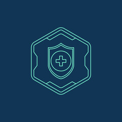 Futuristic Outline Medical Shield with Plus Sign in Hexagon Shape Icon
