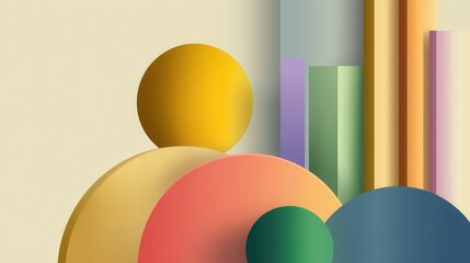 Abstract composition featuring colorful geometric shapes and gradients against a soft background