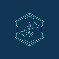 Minimalist Outline Hand Care Plus Sign Graphic Within Hexagon Shape Icon