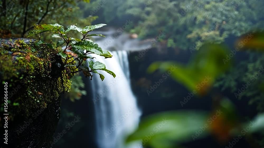 Poster lush green foliage frames a breathtaking waterfall cascading down a cliff face, creating a serene an