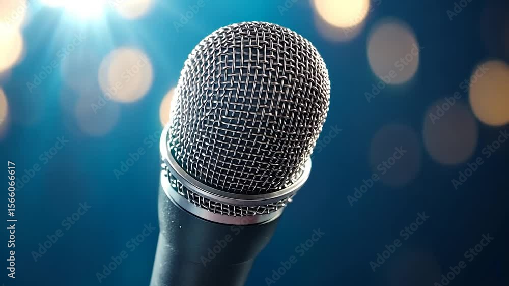 Poster close-up shot of a microphone against a blue background with bokeh lights. the microphone is silver 