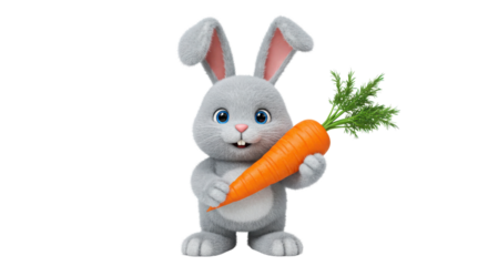 Cute Fluffy Gray Bunny Character Holding a Large Orange Carrot, Isolated 3D Illustration isolated on Transparent Background