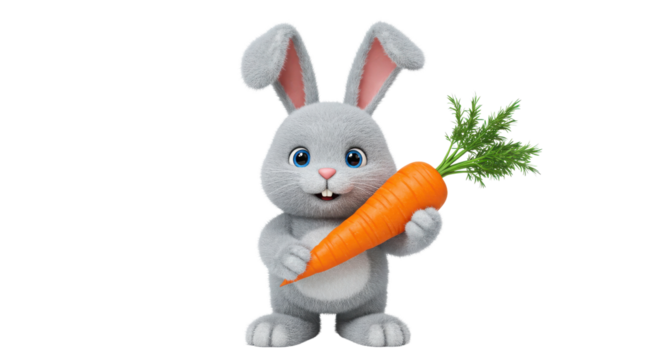 Cute Fluffy Gray Bunny Character Holding a Large Orange Carrot, Isolated 3D Illustration isolated on Transparent Background