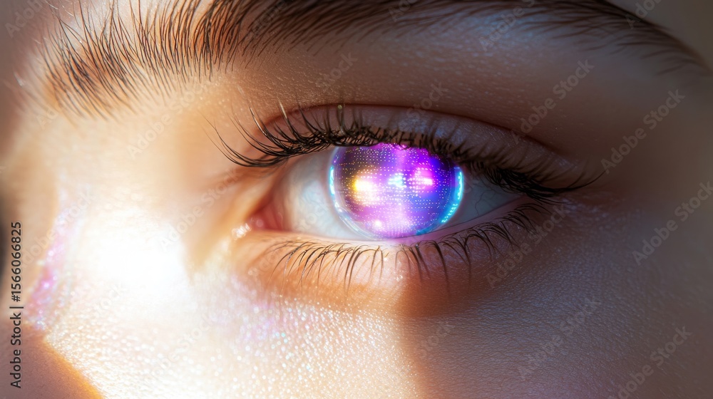 Canvas Prints a mesmerizing close-up of an eye reflects colorful hues and light patterns. the vibrant colors creat