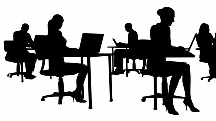 Silhouette of several people working on laptops at desks in an office environment, black and white image