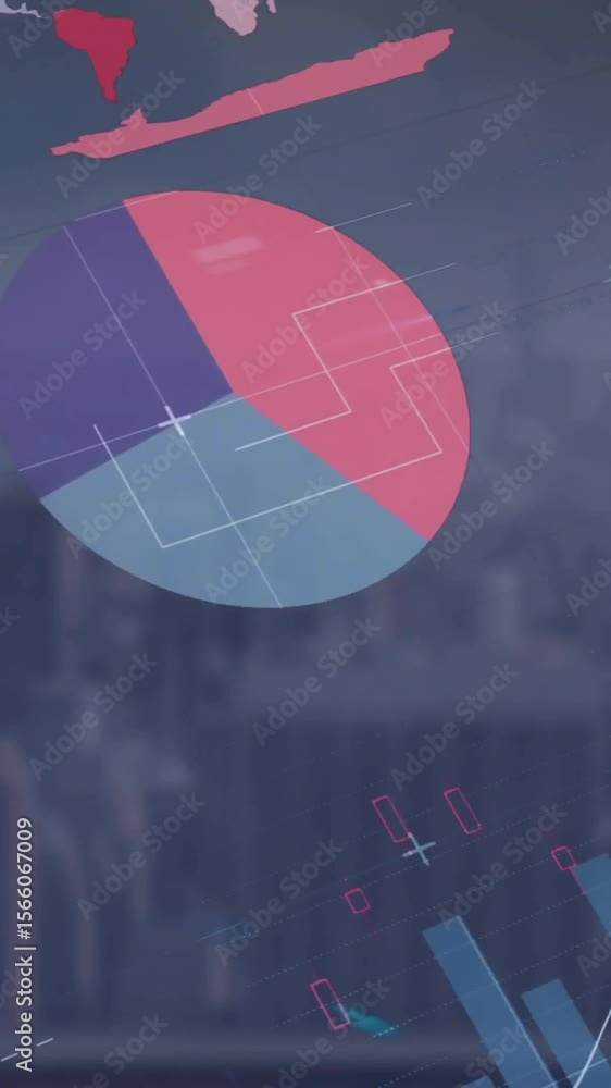 Aufkleber animation of diagrams and data processing over cityscape