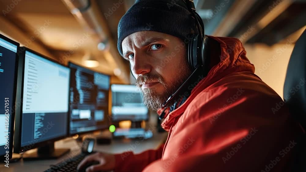Aufkleber close up on a person wearing a red hooded jacket and a black knit hat with a headset on looking inte