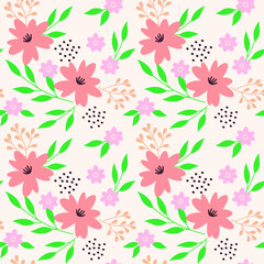 Summer Floral Pattern Seamless Vector Design of Pink and Purple Cute Flowers and Green Leaves