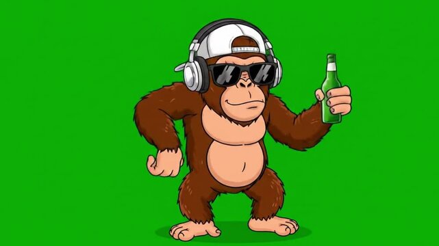 Funky monkey cartoon character with headphones, sunglasses, and a drink on a green screen for animation.